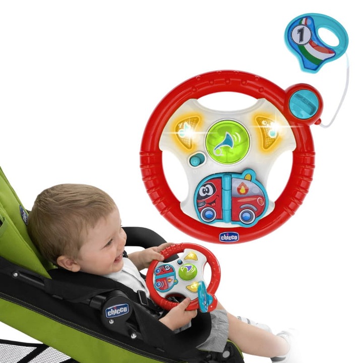 Интерактивна играчка, Chicco, бебешки волан, шумове, песни и реалистични звуци от коли, ръчни дейности, лесно прикрепяне към количката, 17x16x8, 5 cm