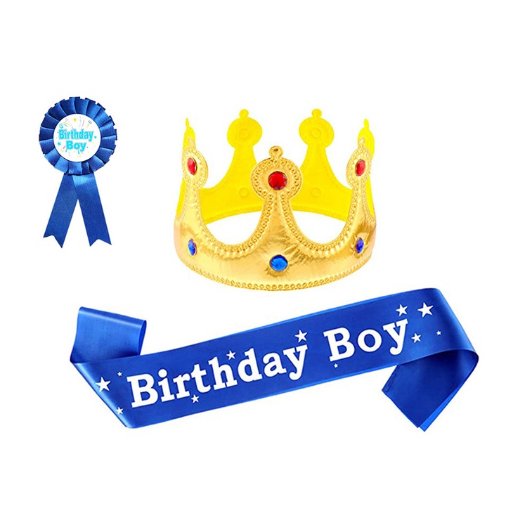 Комплект от 3 корони и панделки за рожден ден за момчета, бели, с дизайн от кристали