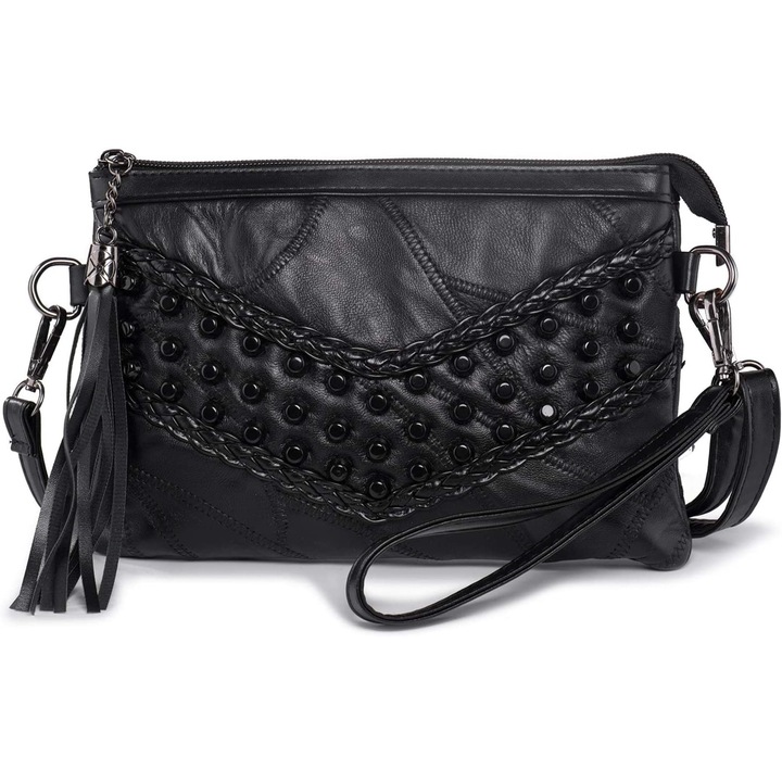 Női válltáska, longziming, fehér, 14x31x45cm, bojtokkal és szegecsekkel