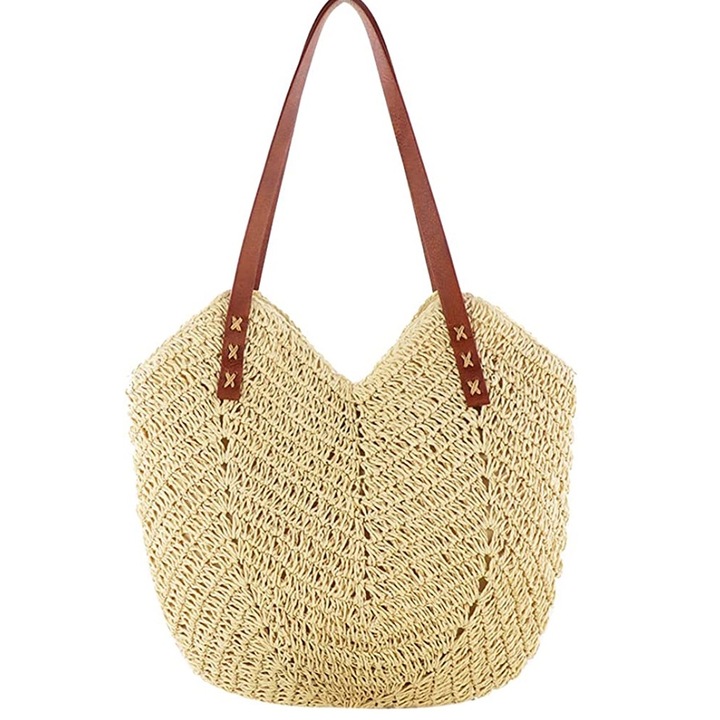 Női üreges szövésű strandtáska, kézzel szőtt bohém válltáskák, kosártáska, szalmatáska, raffia táska, nyári szalmatáska cipzárral és bőr szegéllyel utazáshoz, vásárláshoz