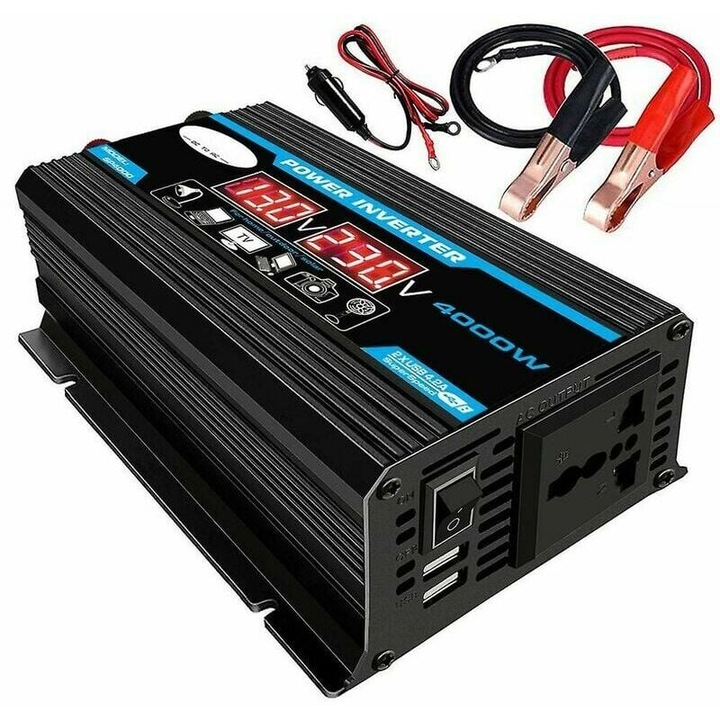 Автомобилен инвертор 4000W, 12V-220V, LCD дисплей, 2 USB порта, 18.7x10.0x14.7см