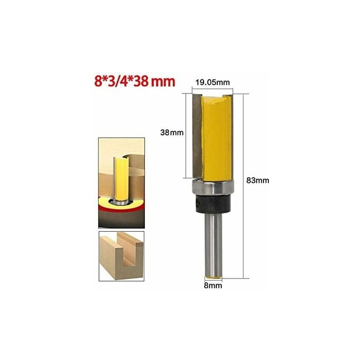 Freza de copiat, freza pentru lemn, coada de 8 mm, lama de 38 mm, din otel aliat de inalta calitate, pentru prelucrarea manuala a lemnului masiv/PAL/MDF, galben (83/438 mm)