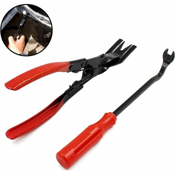 Set 2 piese extractor clipsuri auto, 0805BM-BST3171953, din otel, manere rosu/negru, include levier/surubelnita pentru panouri