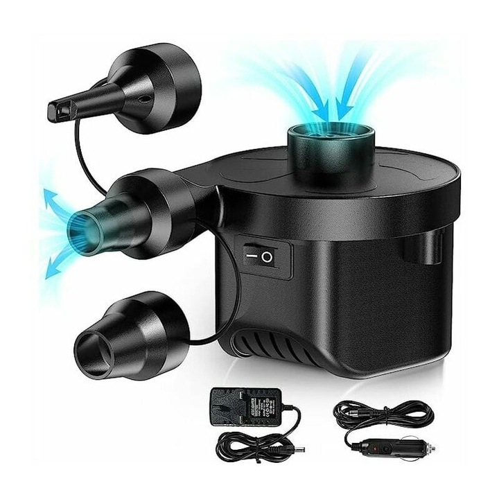 Помпа за надуване QttvbTna, електрическа с обезвъздушаване, 3 накрайника, за кола и за дома