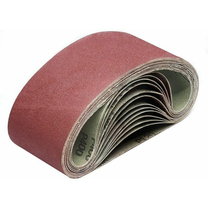 Set 10 bucati, Benzi abrazive 100 x 915 mm pentru slefuitoare cu banda, granulatii 80/120/150/240/400, din oxid de aluminiu cu strat deschis, anti-statice, cusute profesional, Maro