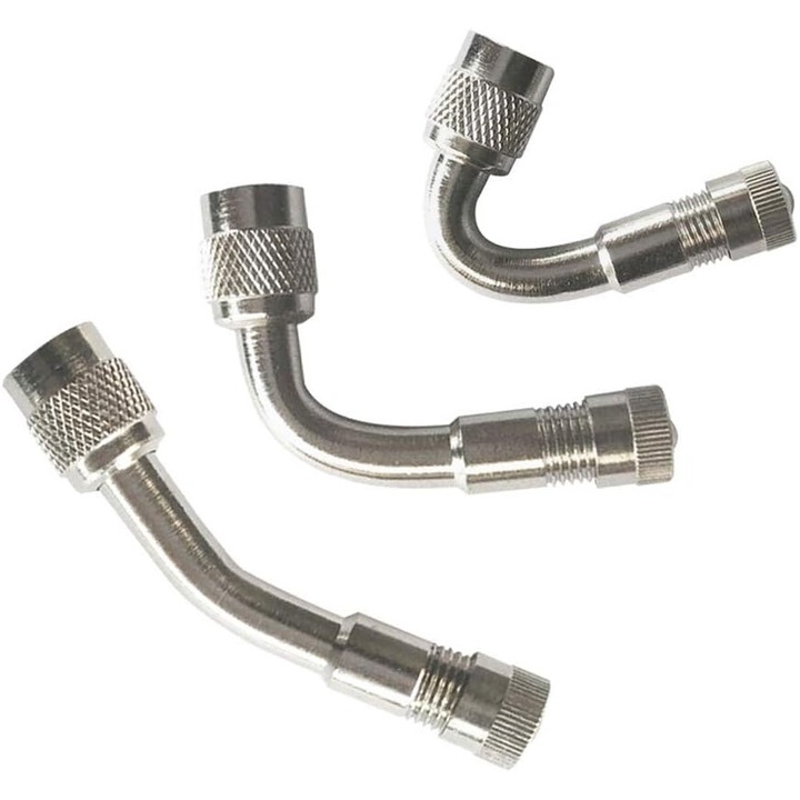 Set adaptoare extensie supapa roata Enforose, din alama nichelata rezistenta la coroziune, unghiuri 45° si 90°, pentru utilizare usoara.