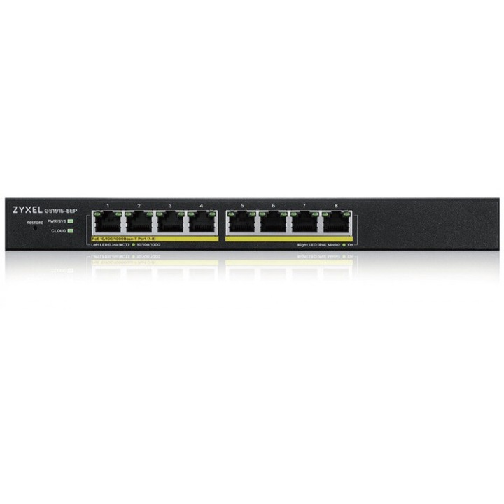 ZyXEL Switch, 8 Gigabit Ethernet port, 8 Fast Ethernet PoE port, fekete, 250x27x104mm