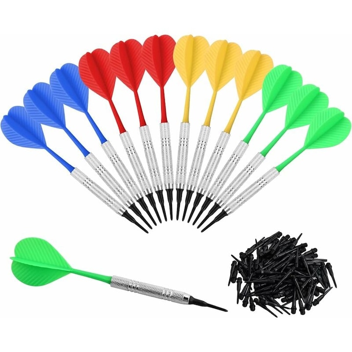 Set de 12 sageti pentru darts, Enforose, 14g, cu 100 de varfuri din plastic, design multicolor, pentru toate nivelurile de abilitati