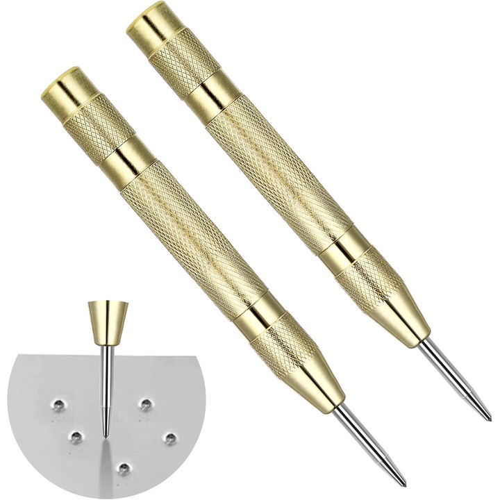 Instrument de perforare centrala cu arc, perforator central automat cu rezistenta la impact reglabila pentru marcare precisa, instrument de evacuare de urgenta, otel inoxidabil cu design ergonomic, auriu (pachet de 2)