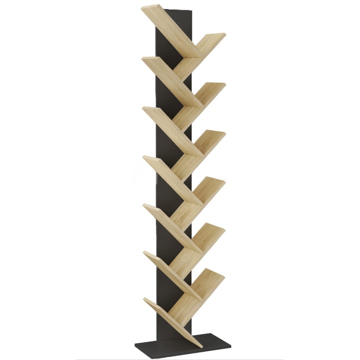 Biblioteca verticala JUMI, 222x50x24 cm, MDF negru-stejar, tip arbore pentru carti si decoratiuni