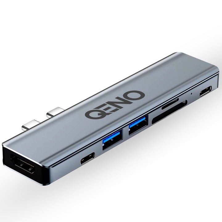 Хъб USB 7 в 1 Qeno® X7-GEAR HDMI-4K 30hz, 1x USB 3.0, 640MB/s, 5.0 Gbps, 1 X Power Delivery Port 87W, TF/ SD Card Reader, Multiport with Overcurrent Protection, Алуминий, сив