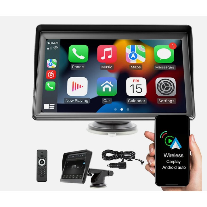 Radio auto portabil 7 inch, wireless Carplay/Android Auto, touchscreen Full HD, Bluetooth 5.1