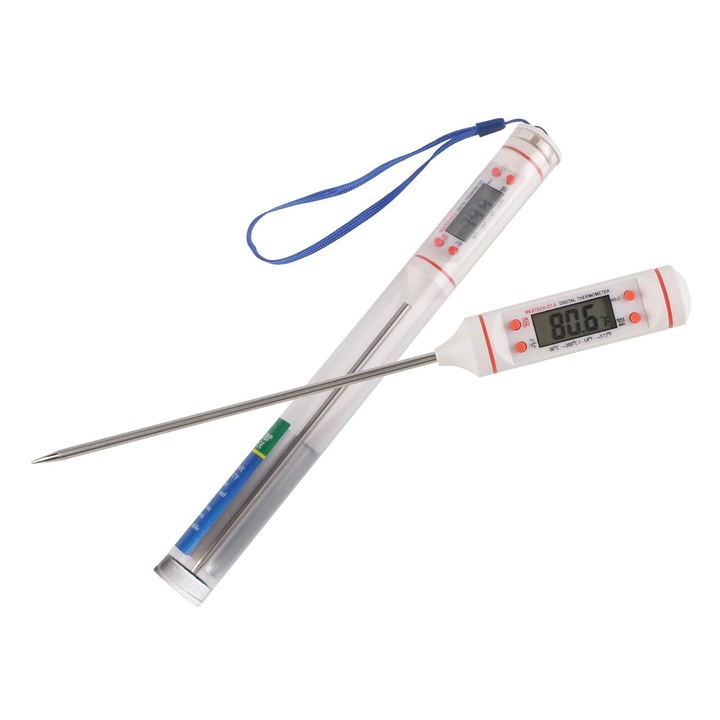 Termometru Digital cu Sonda Metalica de Insertie, Alimentar pentru Mancare si Bauturi, cu, Afisaj LCD, Oprire Automata, Interval de Masurare -50°C 300°C, 4 Butoane si Memorie, Alb, CBD CORAL BEST DEALS