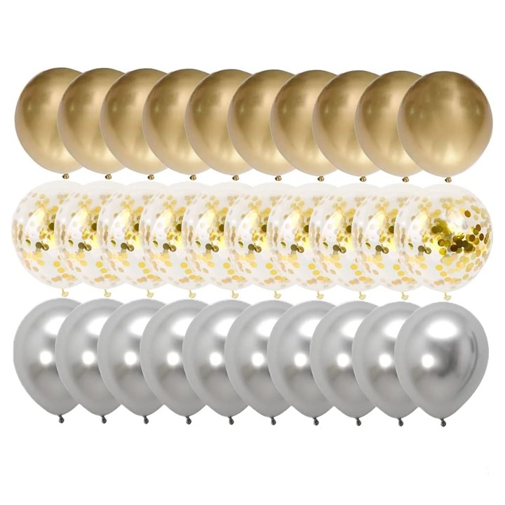 Комплект балони JUP 0260153 1-137, 90 броя, Сребрист металик, златист, златист с конфети, Многоцветен