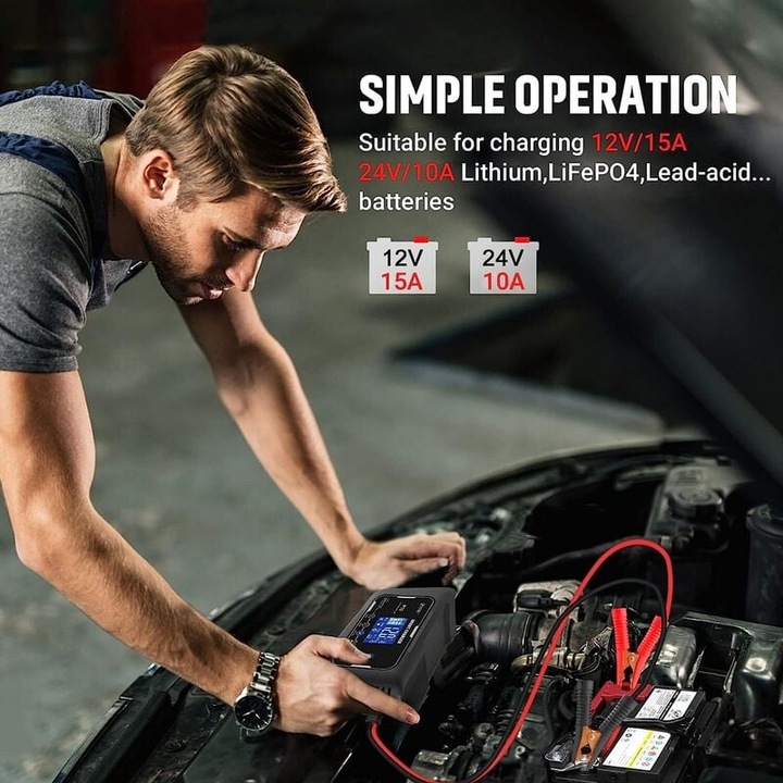 Booster töltő és bikázó kábelek 12V 15A 24V 10A Ólom-sav akkumulátor töltő Autóakkumulátor töltő impulzusjavításhoz