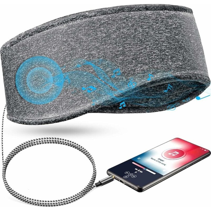 Bentita pentru somn din poliester cu casti subtiri detasabile 3.5 mm, cablu 1.5 m, gri melanj, marime universala