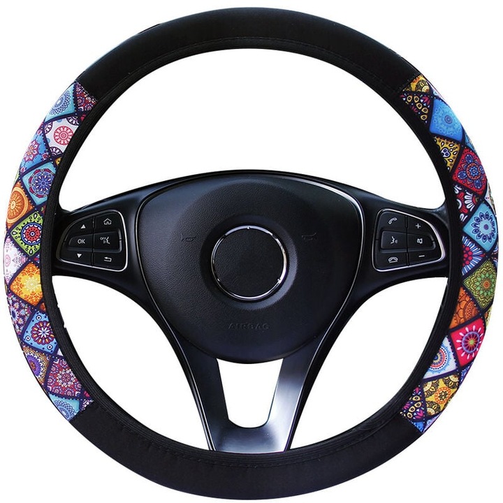 Mikroszálas bőr autó kormányhuzat, mandala mintával, nőknek és lányoknak, standard méret 37-39 cm külső átmérőjű kormányhoz, többszínű és fekete.
