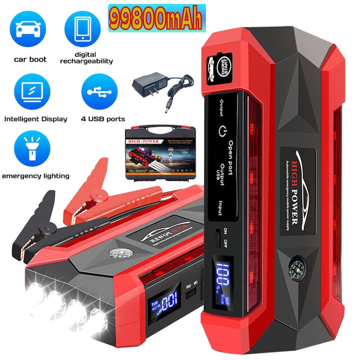 Redresor auto portabil, 99800mAh, cu acumulator, functii LED, pentru vehicule 12V, rosu