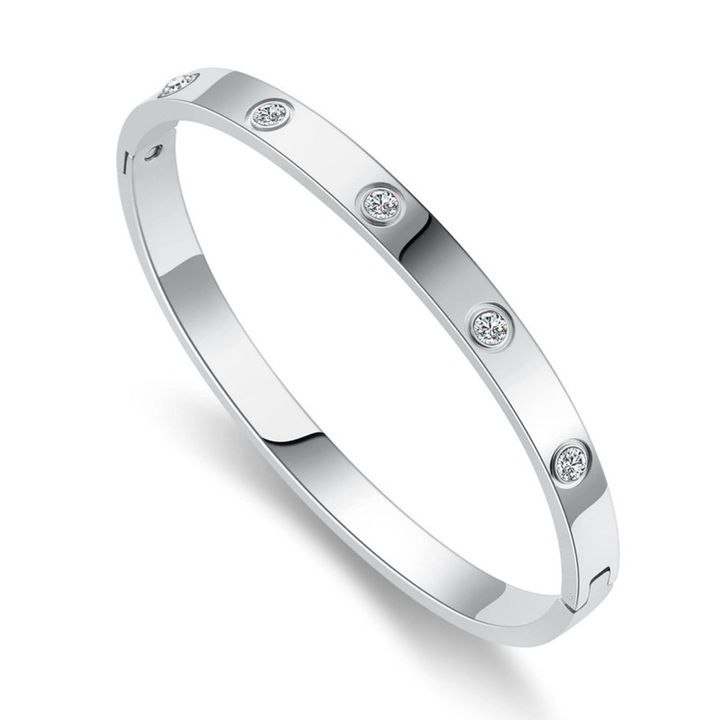 Bratara fixa din otel inoxidabil cu pietre pentru femei, argintiu