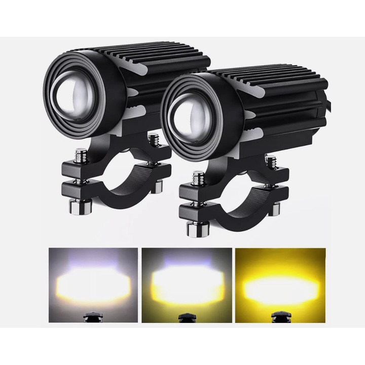 Faruri LED pentru motocicleta, 60W, lumina galbena si alba, set ajustabil, IP65, 360° rotire