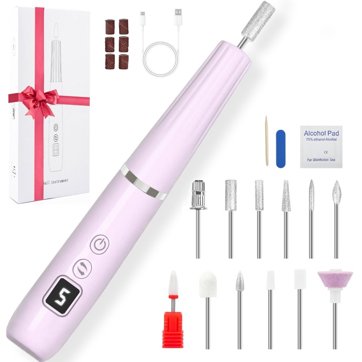 Freza Unghii Electrica Profesionala YakiHoki, Wireless, 5 Viteze, 20000 RPM, Reincarcabila USB, Pila Electrica Unghii, 12 Capete, 6 Benzi, Mov, Manichiura