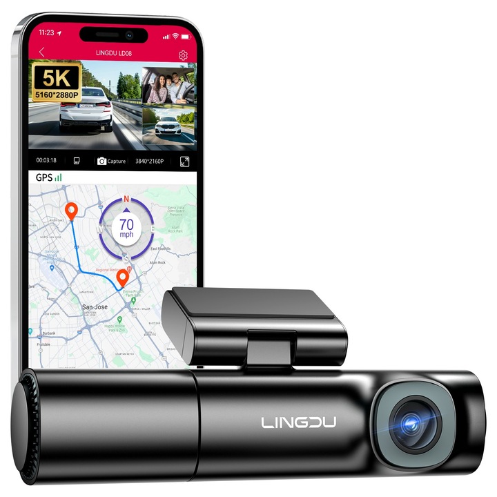 Автомобилна камера LINGDU® LD08, SONY IMX415, 1-CH: 5K, 3-CH: Ultra 4K+1080P+1080P, GPS, 5G Wi-Fi, ADAS, 128 GB eMMC, G-Sensor, Loop recording, Super capacitor, Parking режим, черно