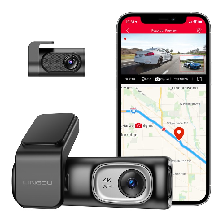 LINGDU D600 видеорегистратор, 0,96” екран, двоен канал: 4K+1080P, GPS, 5G Wi-Fi, гласово управление, кондензатор Farad, микро USB порт, 64G U3 TF карта, G-сензор, цикличен запис, супер кондензатор, паркиране режим, черно