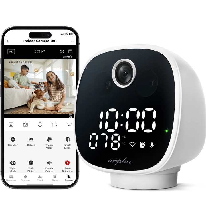 Бебефон arpha B01, камера за бебешки часовник 1080P, 2.4GHz, нощно виждане, хоризонтално: 355 °, Micro SD карта / облачно съхранение, порт Type-C, бял