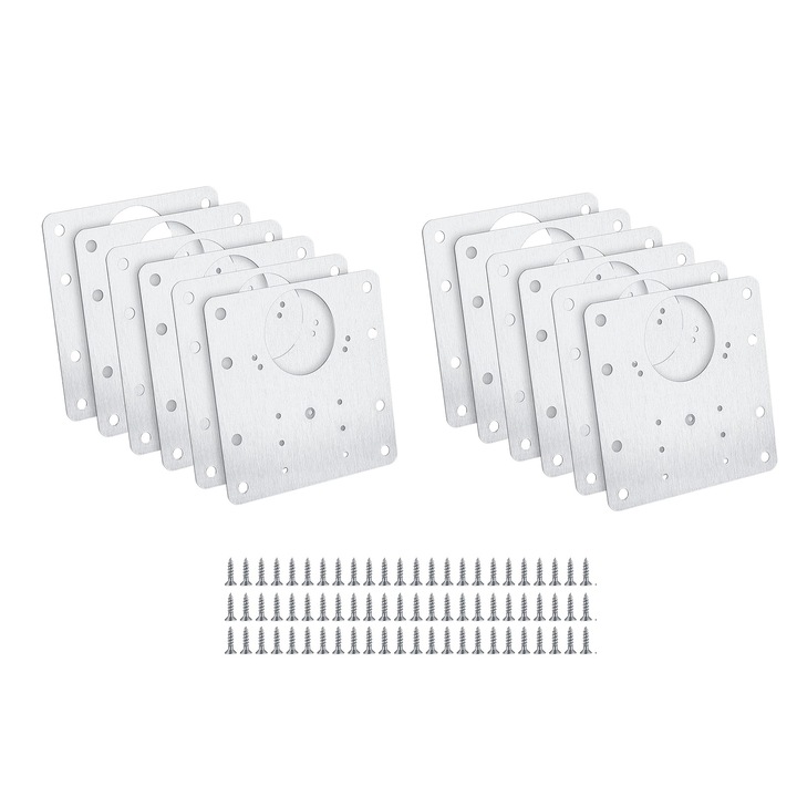 Set 12 elemente de reparare a balamalei, Axroad Mall, Cu 72 suruburi, Atractiv si durabil, Potrivire perfecta, Usor de instalat, Pentru fixarea dulapuri, mese de toaleta, mese din lemn, scaune, Inox, 9 x 9 cm, Argintiu