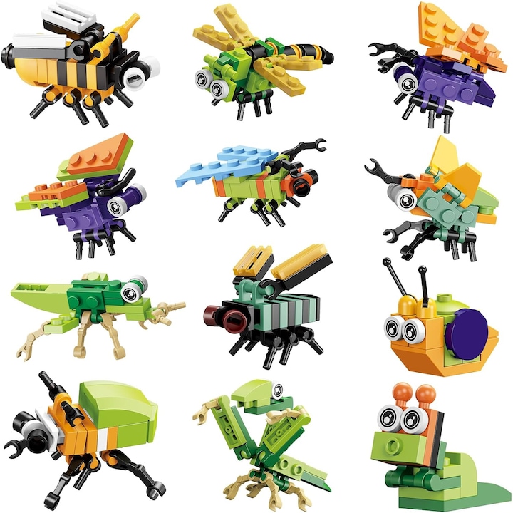 Set de 12 blocuri de constructie cu animale, seturi mini de constructie, jucarii STEM pentru copii cu varsta de 6+, Insecte