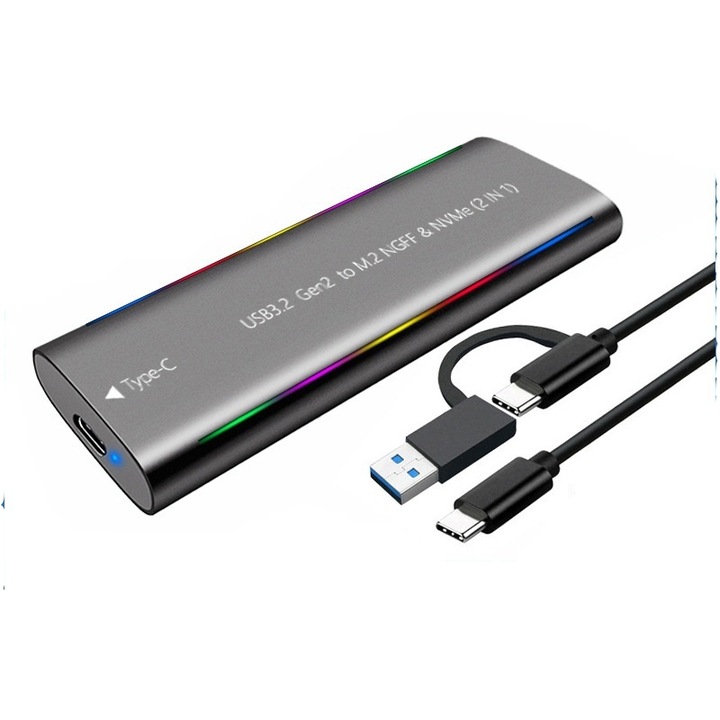 M.2 SSD корпус с метален капак и RGB светлина, съвместим с двоен NVMe NGFF протокол, USB 3.2 Gen 2 (10 Gbps), външен адаптер за SSD устройство за PCI-E Sata M и B&M ключове, USB и тип C напълно съвместими, сиво