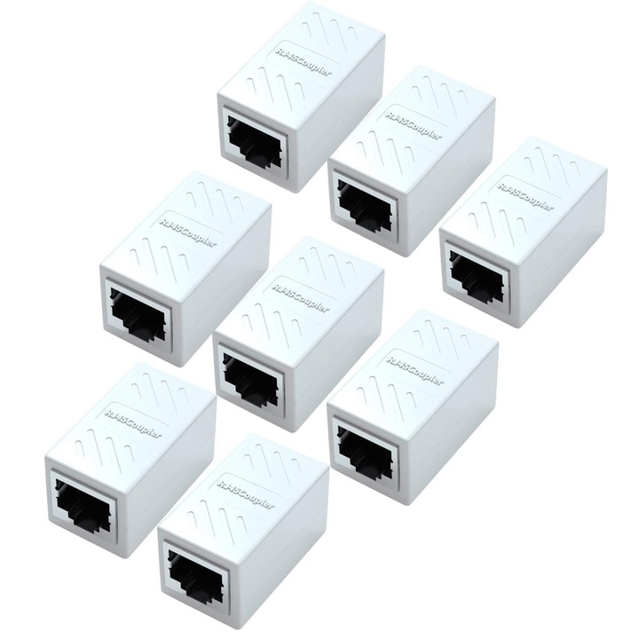 Комплект от 8 гнезда за удължаване на мрежов кабел RJ45, Axroad Mall, Ethernet съединител, високоскоростен трансфер на данни, Plug and Play, вграден съединител за кабел Cat7/Cat6/Cat5e/Cat5, бял