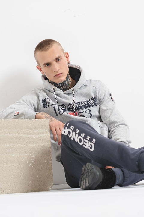 Geographical Norway, Худи с памук Fastlife с качулка и лого, Сив меланж/Тъмносин