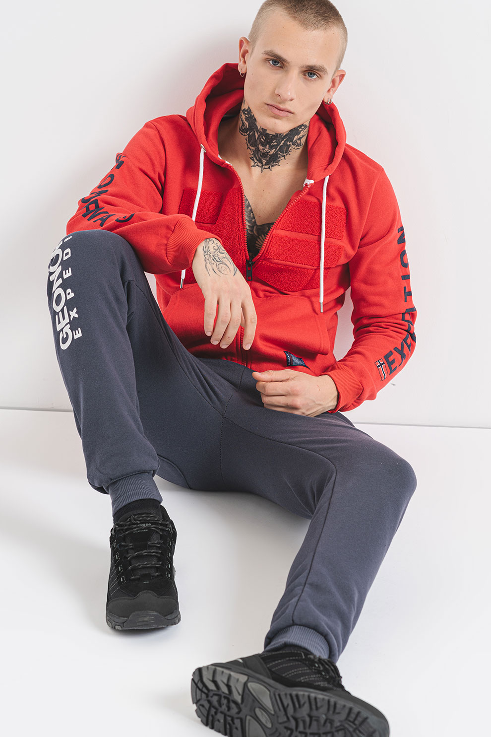 Geographical Norway, Pantaloni de trening cu croiala regular-fit si logo Machal, Gri inchis, S