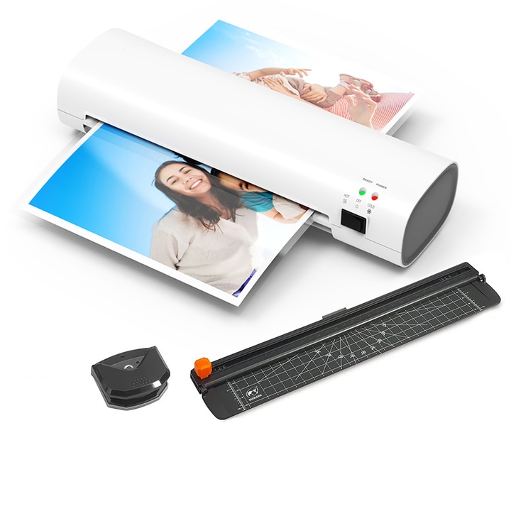 A4-es automata laminálógép, hideg-meleg üzemmód, papírvágóval, sarokkerekítővel, 100 lapos laminálógép 2R3R4R, fehér