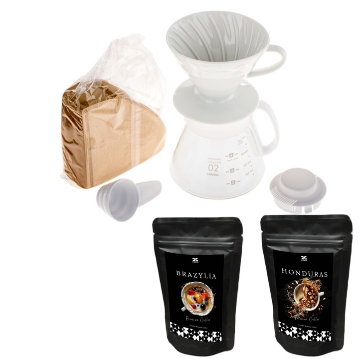 Set Hario V60 Ceramic Pour Over, 2 pachete de cafea prajita usor pentru dripper - Ideal pentru prepararea cafelei acasa