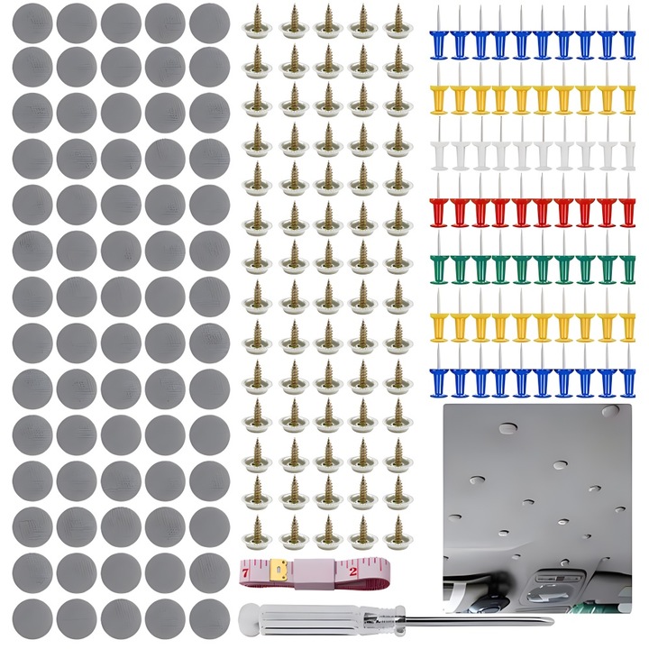 Set 70 piese pentru repararea plafonului auto, AMRINUGL, butoane, nituri, unelte de instalare, universal