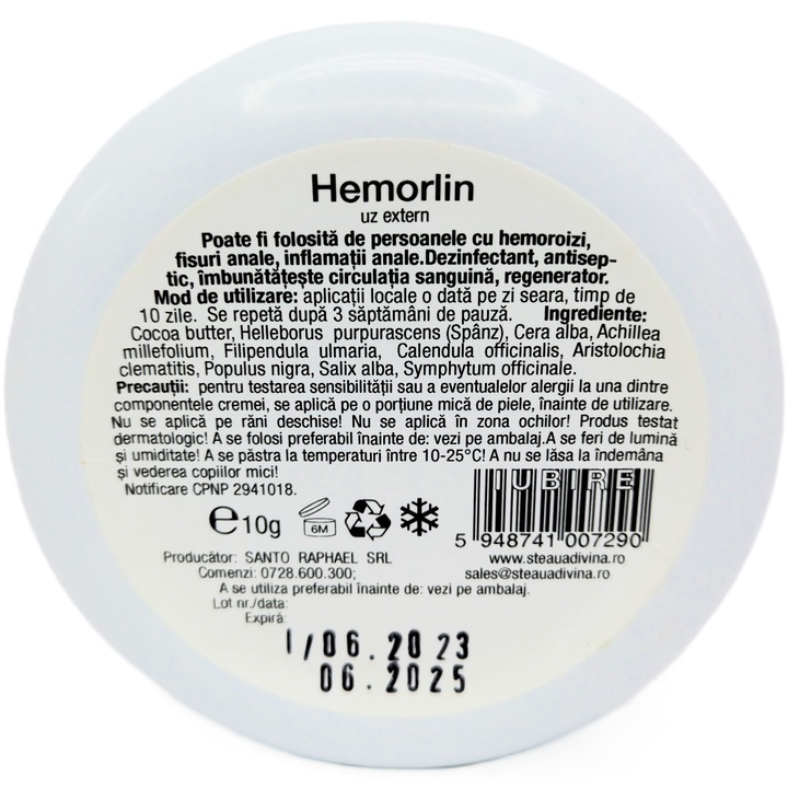 Hemorlin kenőcs intim higiéniára, aranyérre, végbélrepedésekre és nemi szervek betegségeire, 10g, Santo Raphael