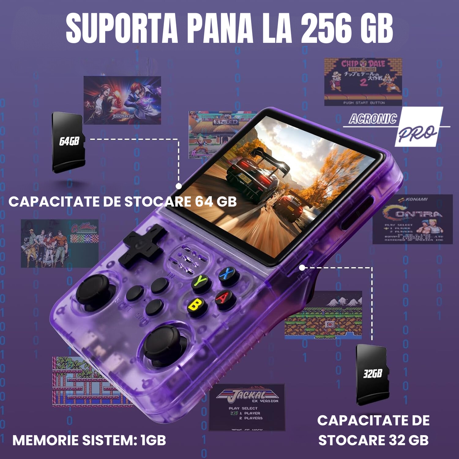 Consola Portabila R40S cu Stocare 64/128 GB, Ecran HD de Inalta Calitate, Design Compact, Mov, Reda Jocurile Clasice, Performanta Maxima