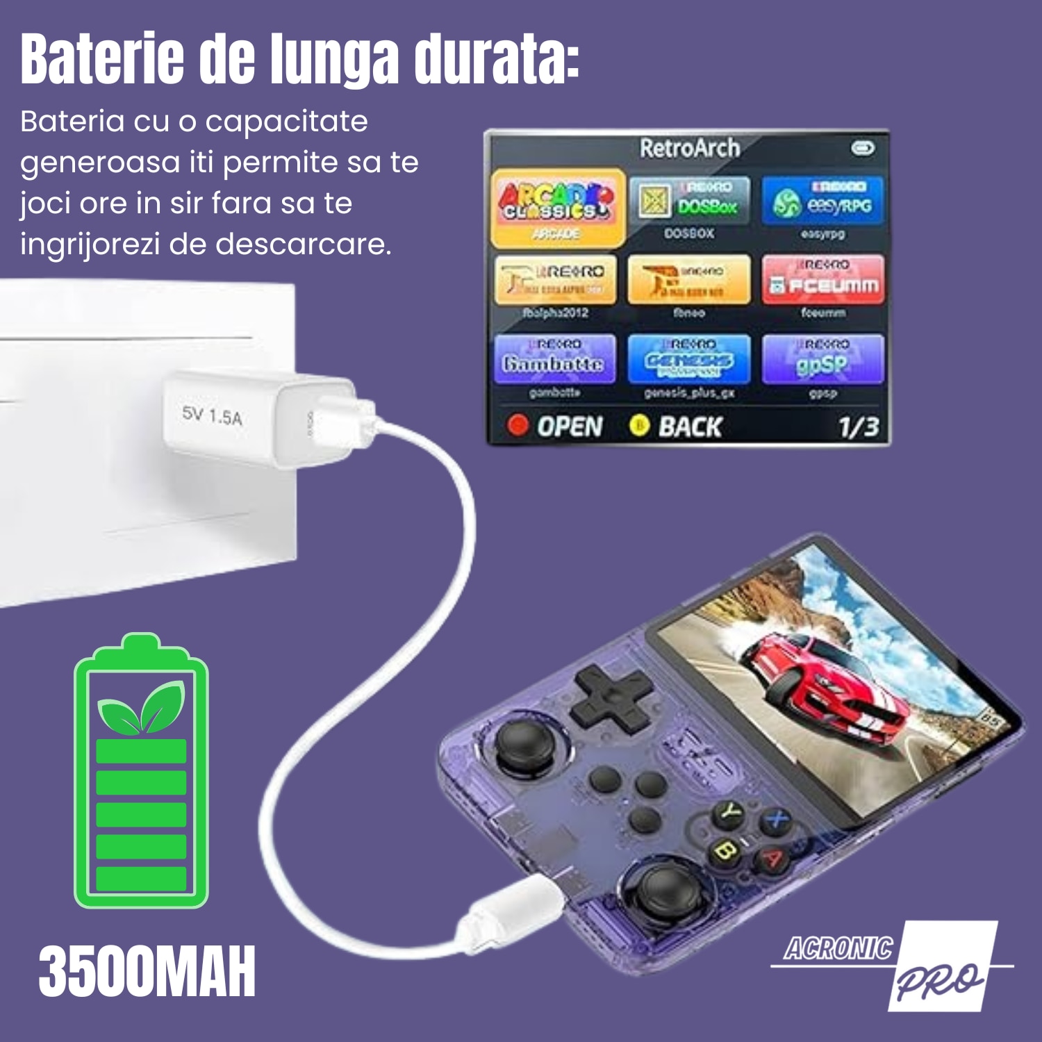 Consola Portabila R40S cu Stocare 64/128 GB, Ecran HD de Inalta Calitate, Design Compact, Mov, Reda Jocurile Clasice, Performanta Maxima