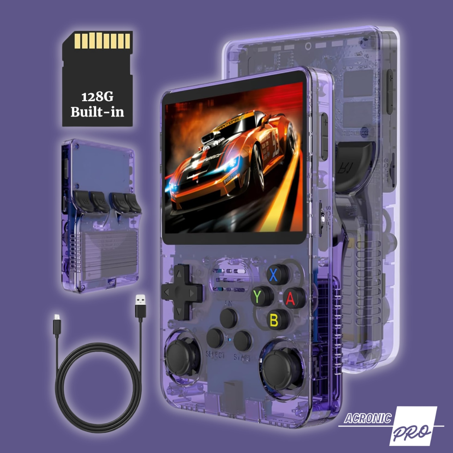Consola Portabila R40S cu Stocare 64/128 GB, Ecran HD de Inalta Calitate, Design Compact, Mov, Reda Jocurile Clasice, Performanta Maxima