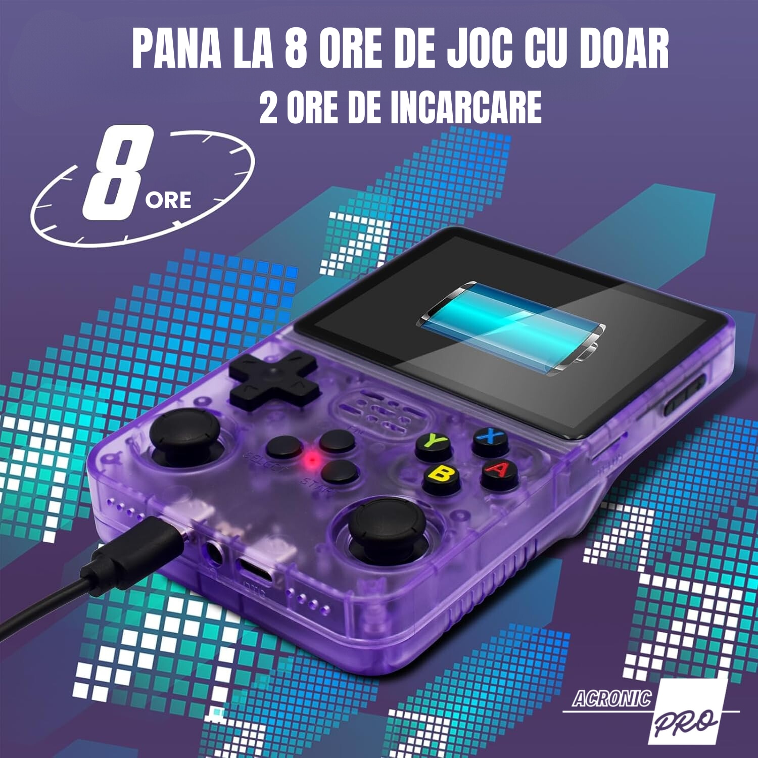 Consola Portabila R40S cu Stocare 64/128 GB, Ecran HD de Inalta Calitate, Design Compact, Mov, Reda Jocurile Clasice, Performanta Maxima