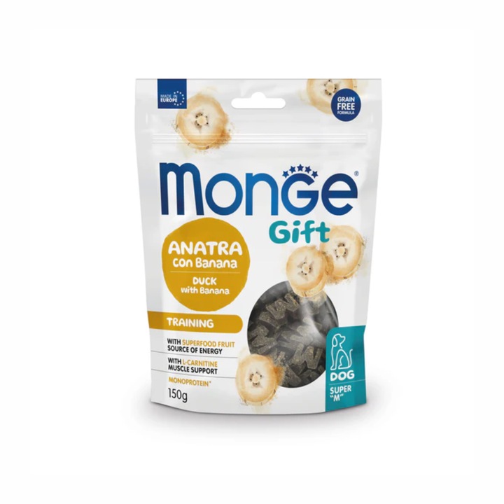Recompense Monge Gift Super M Training pentru caini, cu gust de Rata si Banane, 150 g x5 buc