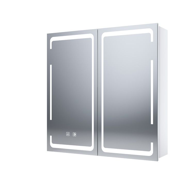 Dulap cu oglinda LED cu iluminare, 3 ajustari de culoare, 2 usi, Cu design balamale fara fir si prize, 59 x 14 x 60 cm