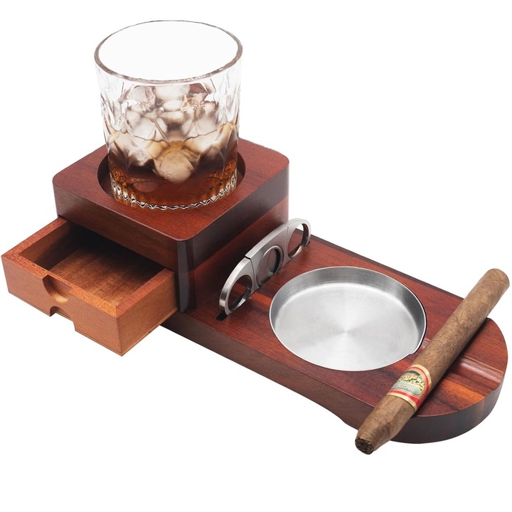 Hamutartó whiskys pohár tartóval, Hggzeg, Csúszásmentes, Rozsdamentes acél cigarettavágóval és fiókkal, Könnyen használható, Alkalmas otthonra, irodába, kávézóba, Akácfa, 27,5x11cm, Vöröses barna