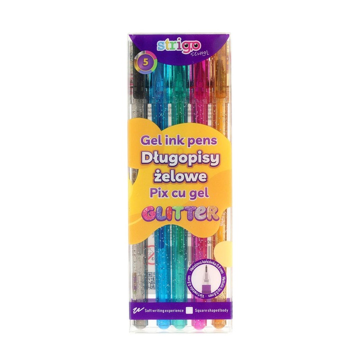 Гел химикал Strigo Glitter, 0.8 мм, 5 цвята/компл