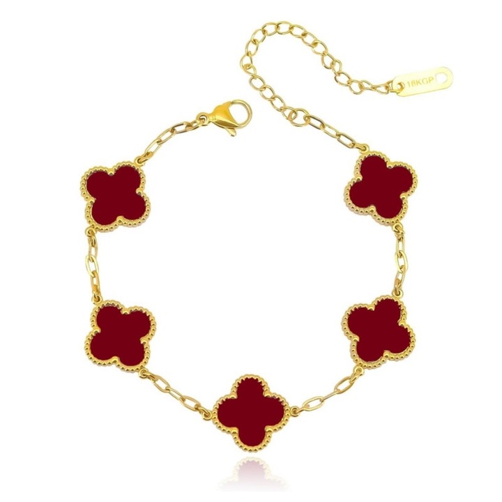 Bratara cu trifoi cu patru foi, metal, rosu