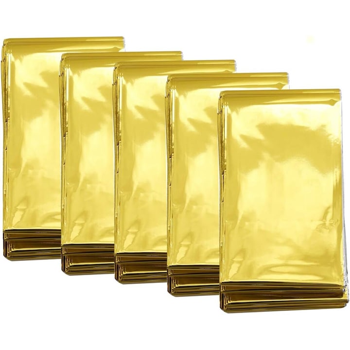 Set 5 paturi de supravietuire, 210x160cm, rezistent la apa, mentine caldura corporala, auriu