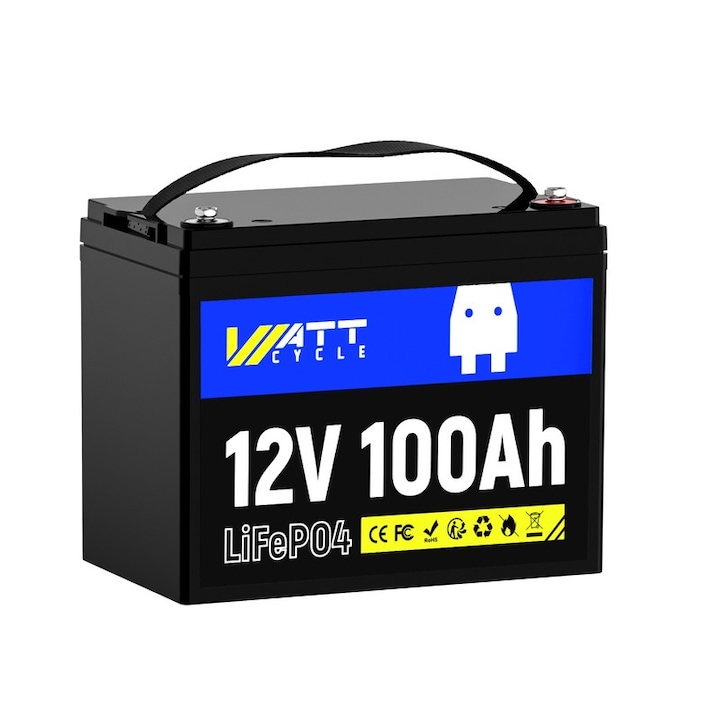 Литиева батерия 12V 100Ah, WattCycle, мултифункционална, BMS защита, черна, 26x17x21cm