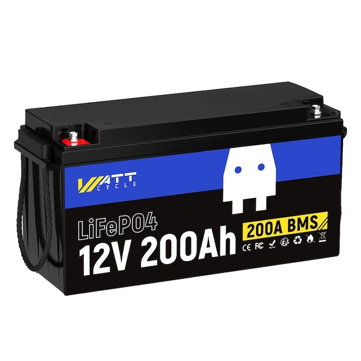 Автомобилен акумулатор LiFePO4, WattCycle, 12V, 200Ah, BMS-200A, черен, тегло 20.5kg
